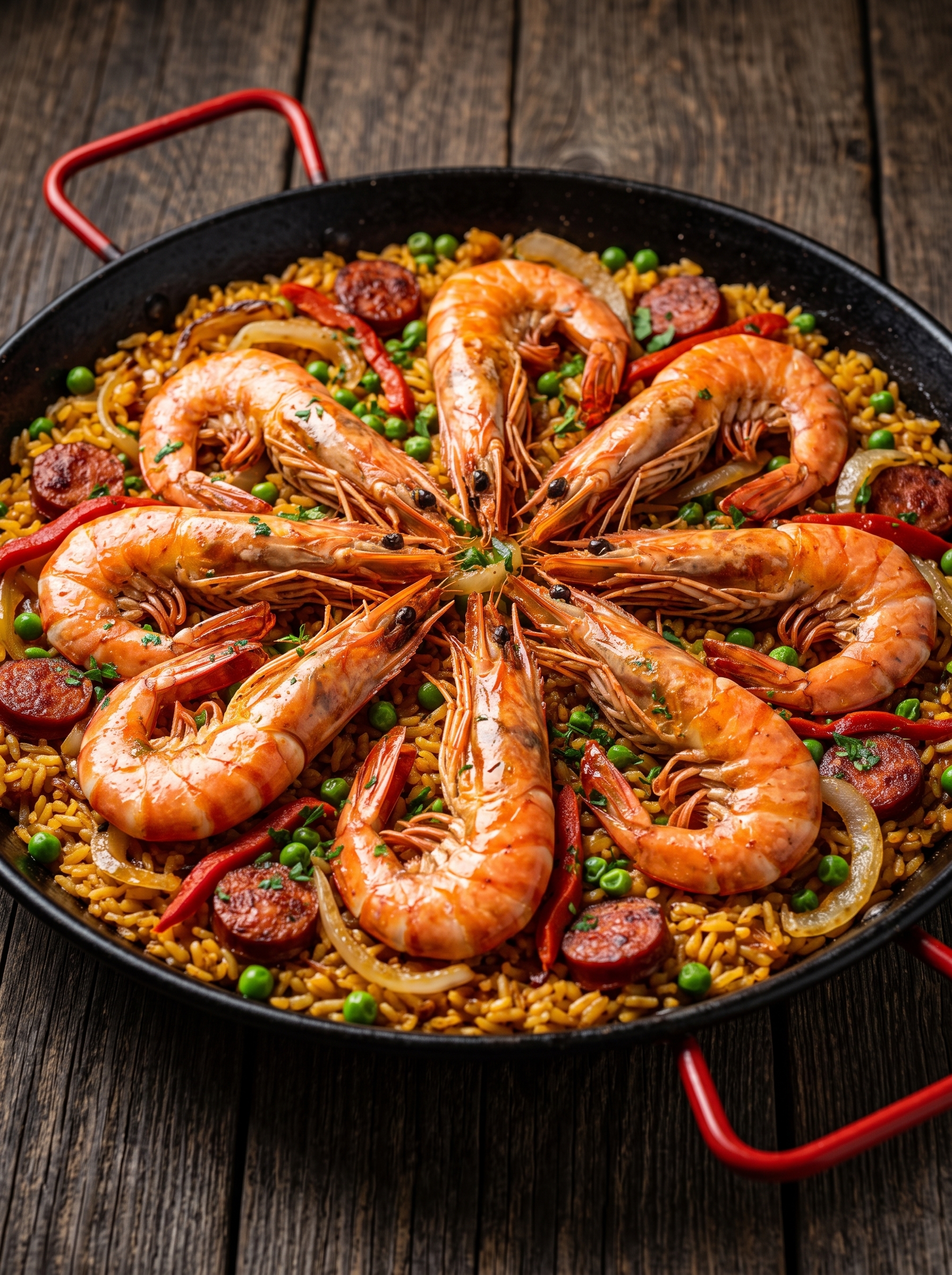 Camarones y Chistorra Premium con cebollas asadas, el doble de mariscos y carnes